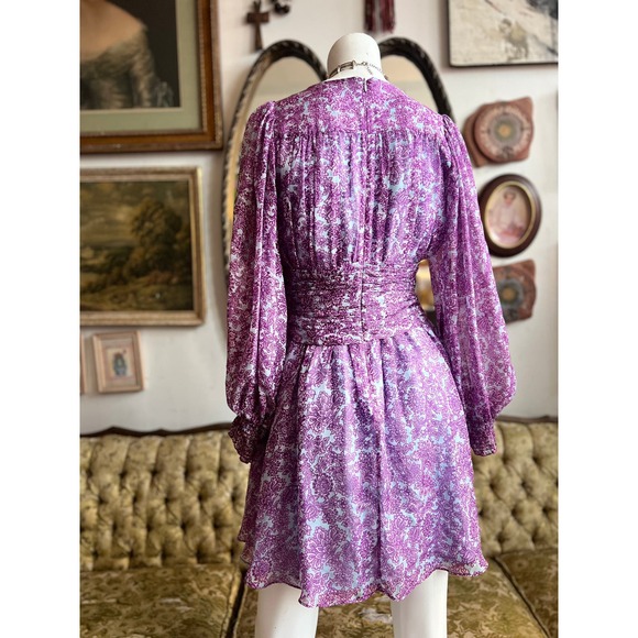 AMUR Twist-Front Dress Purple/Blue Printed Silk Chiffon Floral Dress Size 4 - Picture 8 of 11